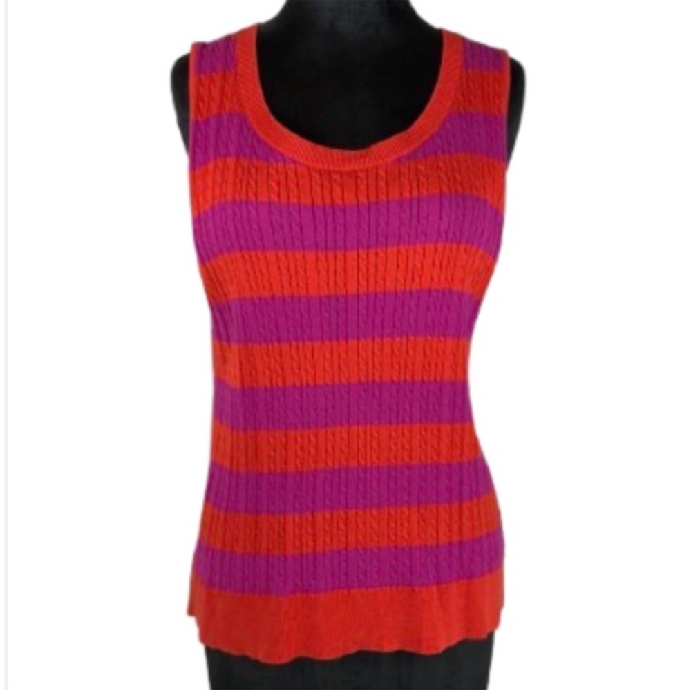 Talbots Sweater Vest Pink & Orange Cable Knit Stripes Textured Size XL